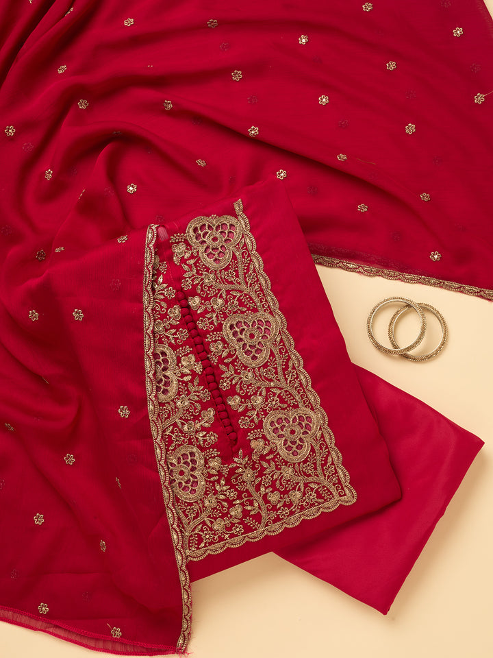 Rani Pink Crepe Gold Zariwork Unstitched Dress Material With Matching Bottom And Dupatta