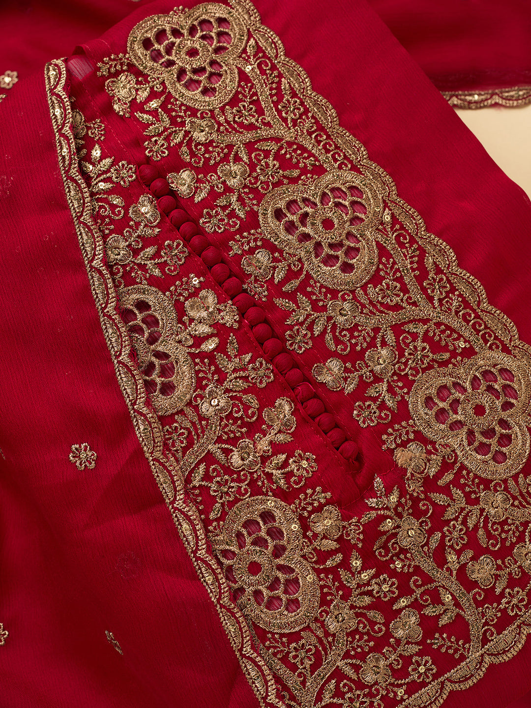 Rani Pink Crepe Gold Zariwork Unstitched Dress Material With Matching Bottom And Dupatta