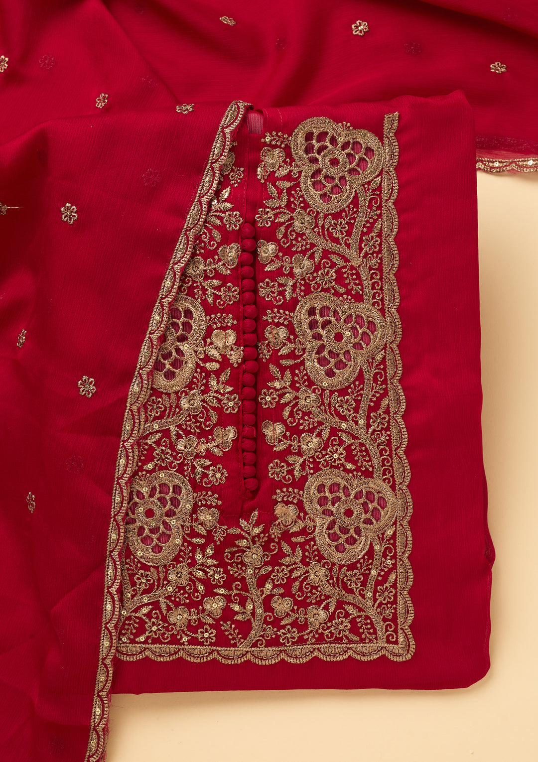 Rani Pink Crepe Gold Zariwork Unstitched Dress Material With Matching Bottom And Dupatta