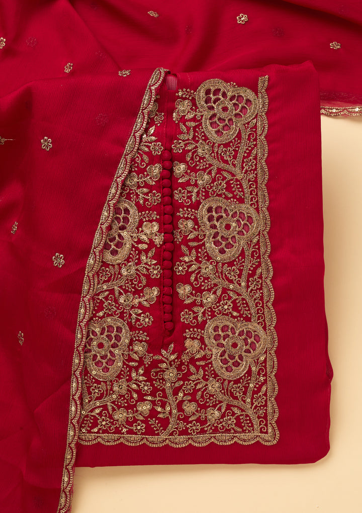 Rani Pink Crepe Gold Zariwork Unstitched Dress Material With Matching Bottom And Dupatta
