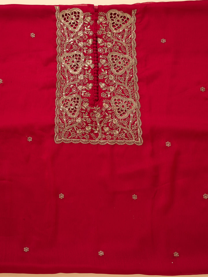 Rani Pink Crepe Gold Zariwork Unstitched Dress Material With Matching Bottom And Dupatta