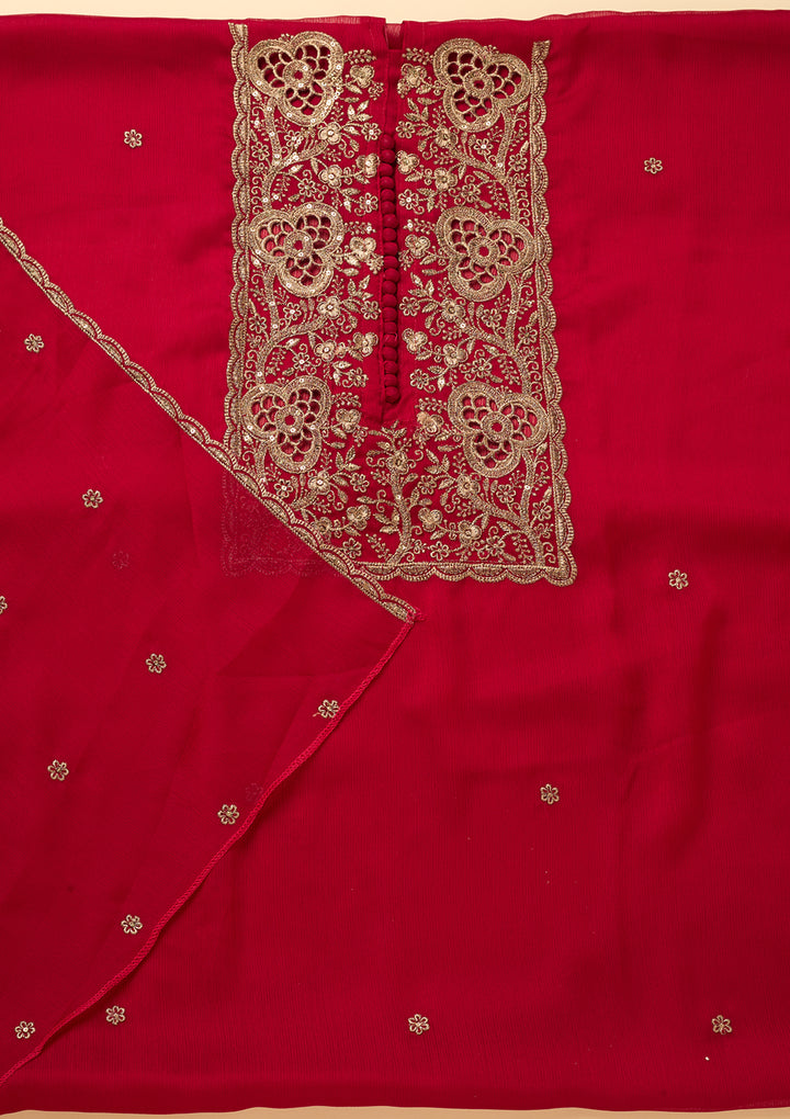 Rani Pink Crepe Gold Zariwork Unstitched Dress Material With Matching Bottom And Dupatta