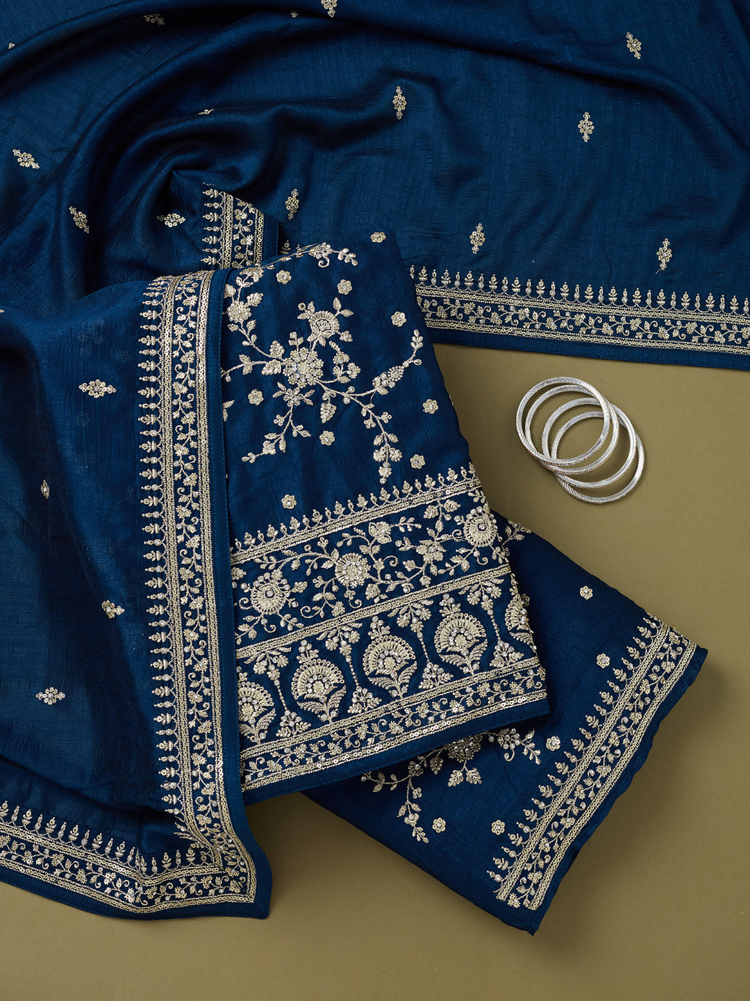 Peacock Blue Soft Raw Silk Cording Unstitched Dress Material With Matching Bottom And Dupatta