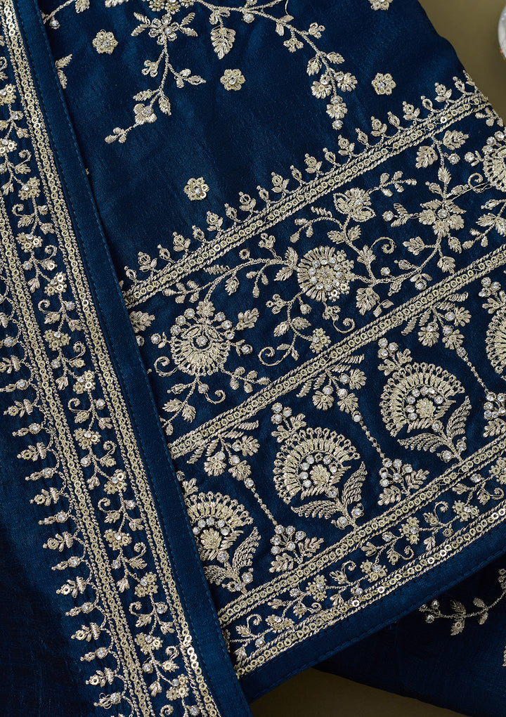 Peacock Blue Soft Raw Silk Cording Unstitched Dress Material With Matching Bottom And Dupatta