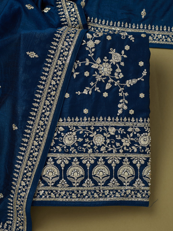 Peacock Blue Soft Raw Silk Cording Unstitched Dress Material With Matching Bottom And Dupatta