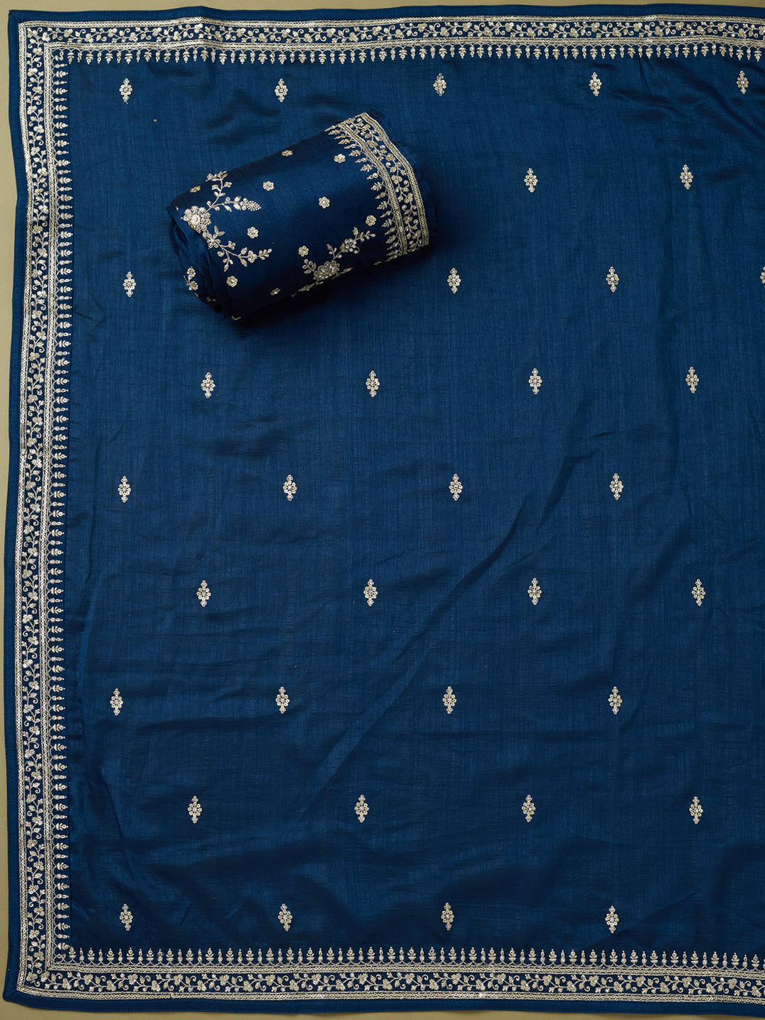 Peacock Blue Soft Raw Silk Cording Unstitched Dress Material With Matching Bottom And Dupatta