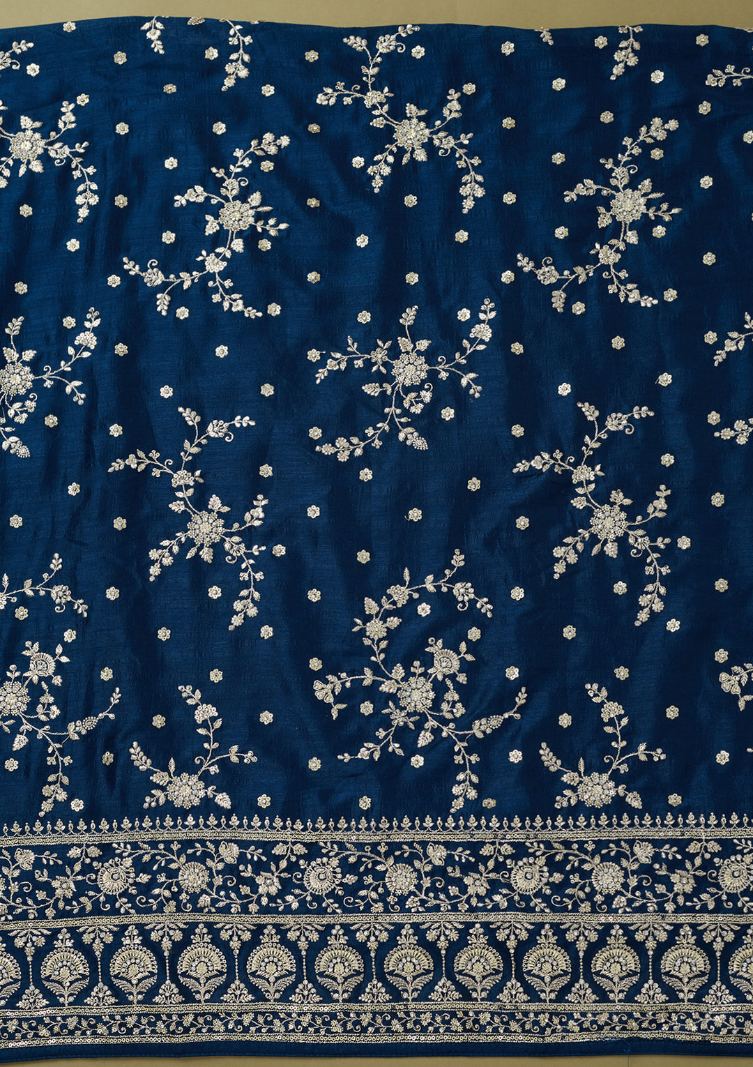 Peacock Blue Soft Raw Silk Cording Unstitched Dress Material With Matching Bottom And Dupatta