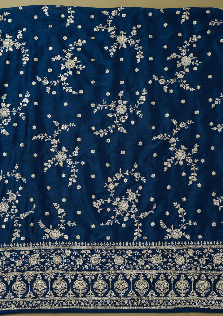 Peacock Blue Soft Raw Silk Cording Unstitched Dress Material With Matching Bottom And Dupatta