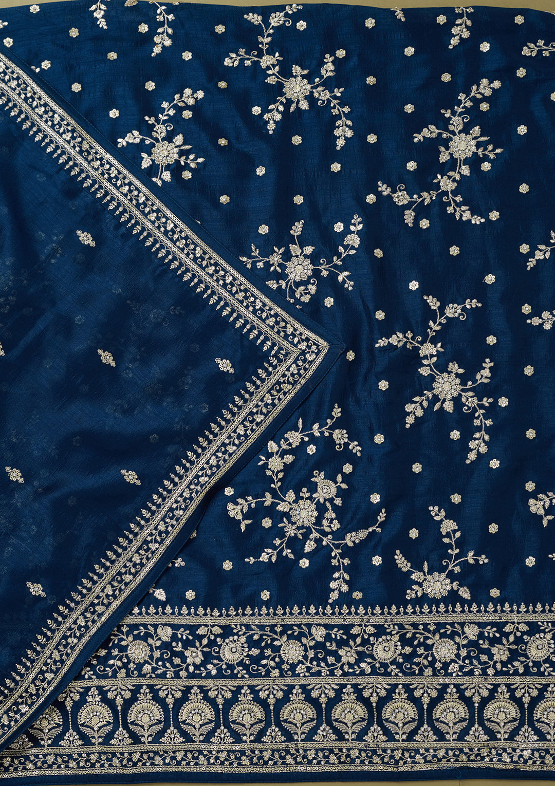 Peacock Blue Soft Raw Silk Cording Unstitched Dress Material With Matching Bottom And Dupatta