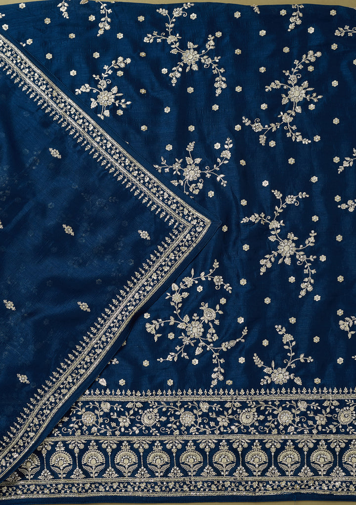 Peacock Blue Soft Raw Silk Cording Unstitched Dress Material With Matching Bottom And Dupatta