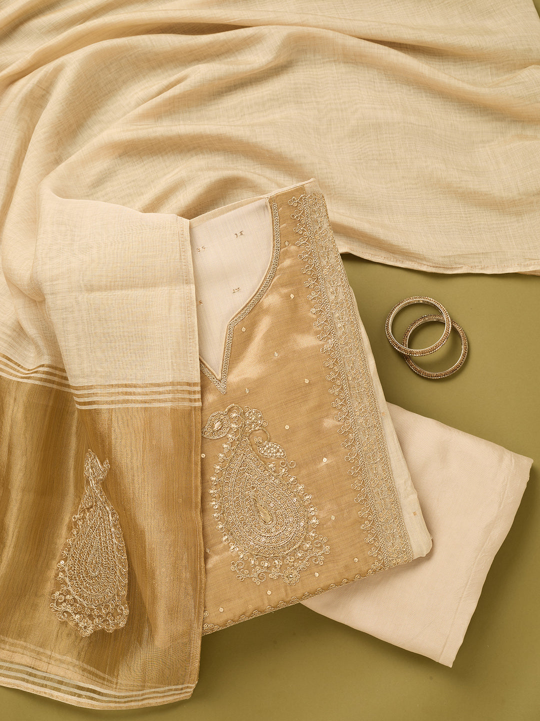Off White Gold Tissue Sequins Unstitched Dress Material With Matching Bottom And Dupatta