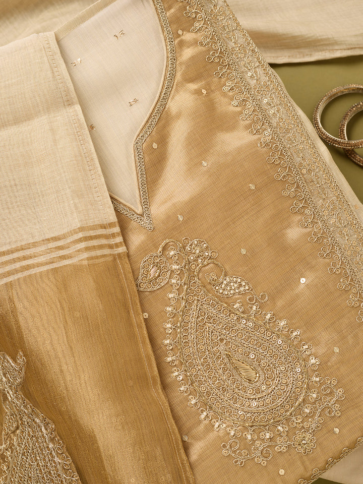 Off White Gold Tissue Sequins Unstitched Dress Material With Matching Bottom And Dupatta