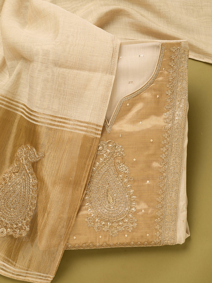 Off White Gold Tissue Sequins Unstitched Dress Material With Matching Bottom And Dupatta