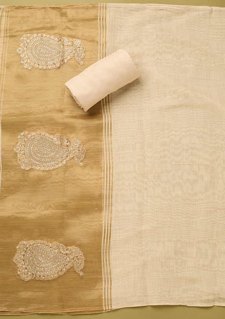 Off White Gold Tissue Sequins Unstitched Dress Material With Matching Bottom And Dupatta