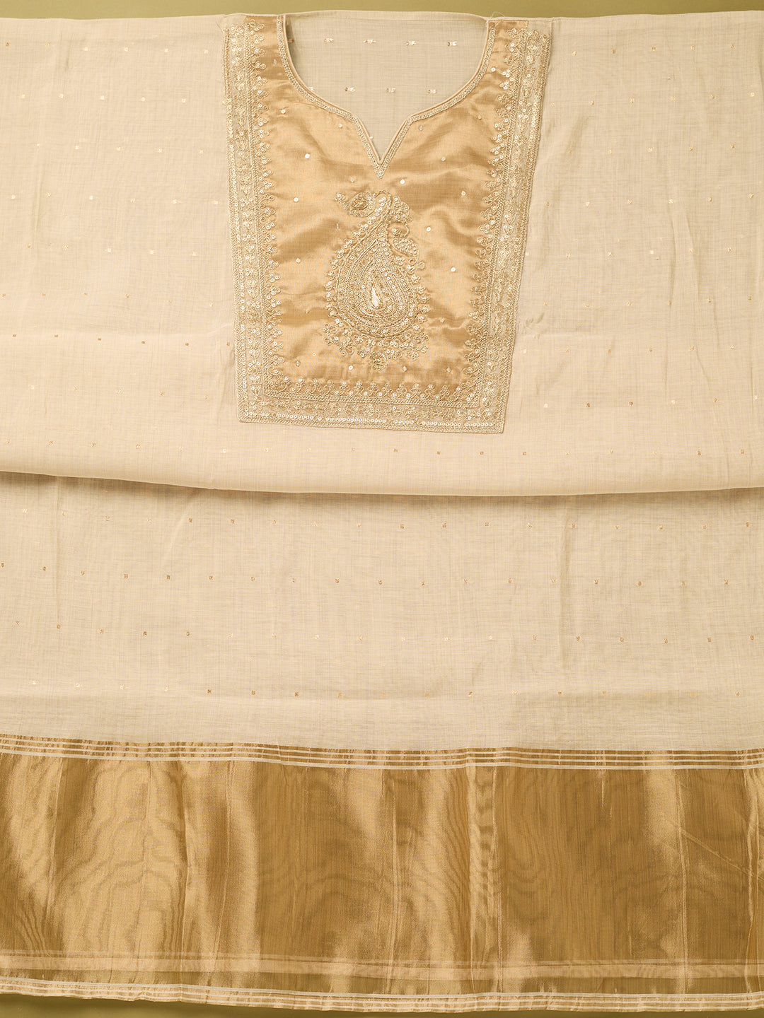 Off White Gold Tissue Sequins Unstitched Dress Material With Matching Bottom And Dupatta