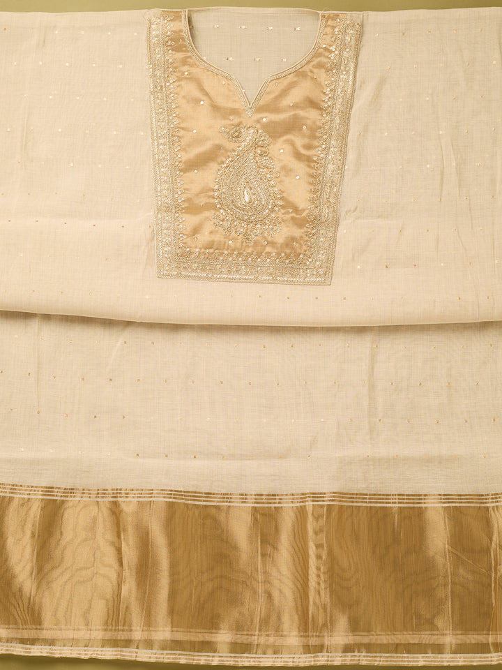 Off White Gold Tissue Sequins Unstitched Dress Material With Matching Bottom And Dupatta