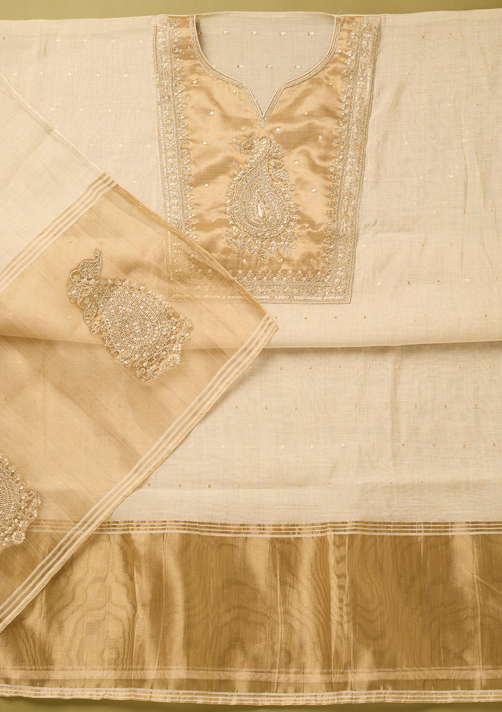 Off White Gold Tissue Sequins Unstitched Dress Material With Matching Bottom And Dupatta