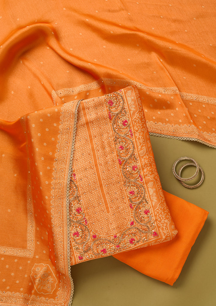 Orange Dola Silk Gold Zariwork Unstitched Dress Material With Matching Bottom And Dupatta