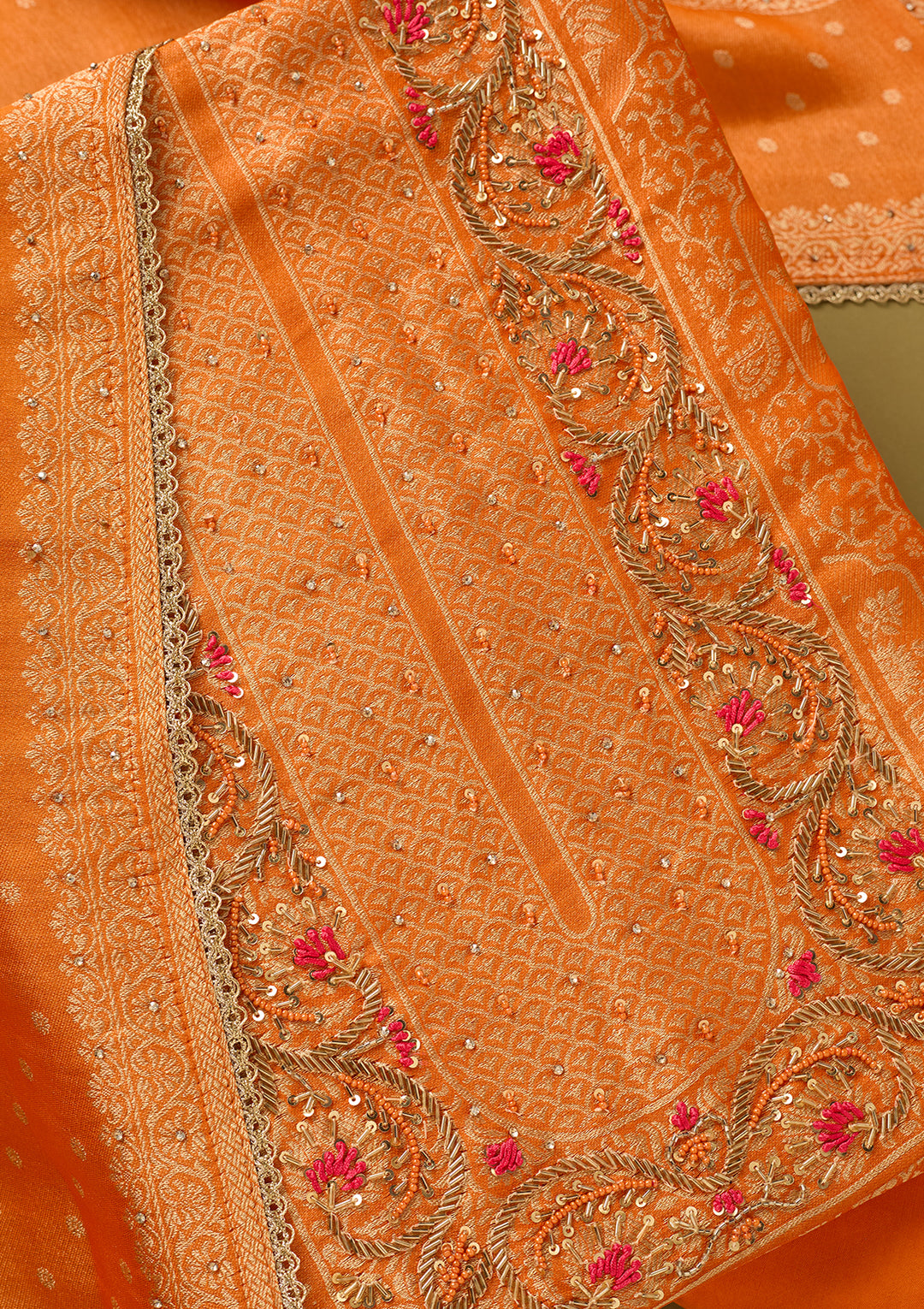 Orange Dola Silk Gold Zariwork Unstitched Dress Material With Matching Bottom And Dupatta