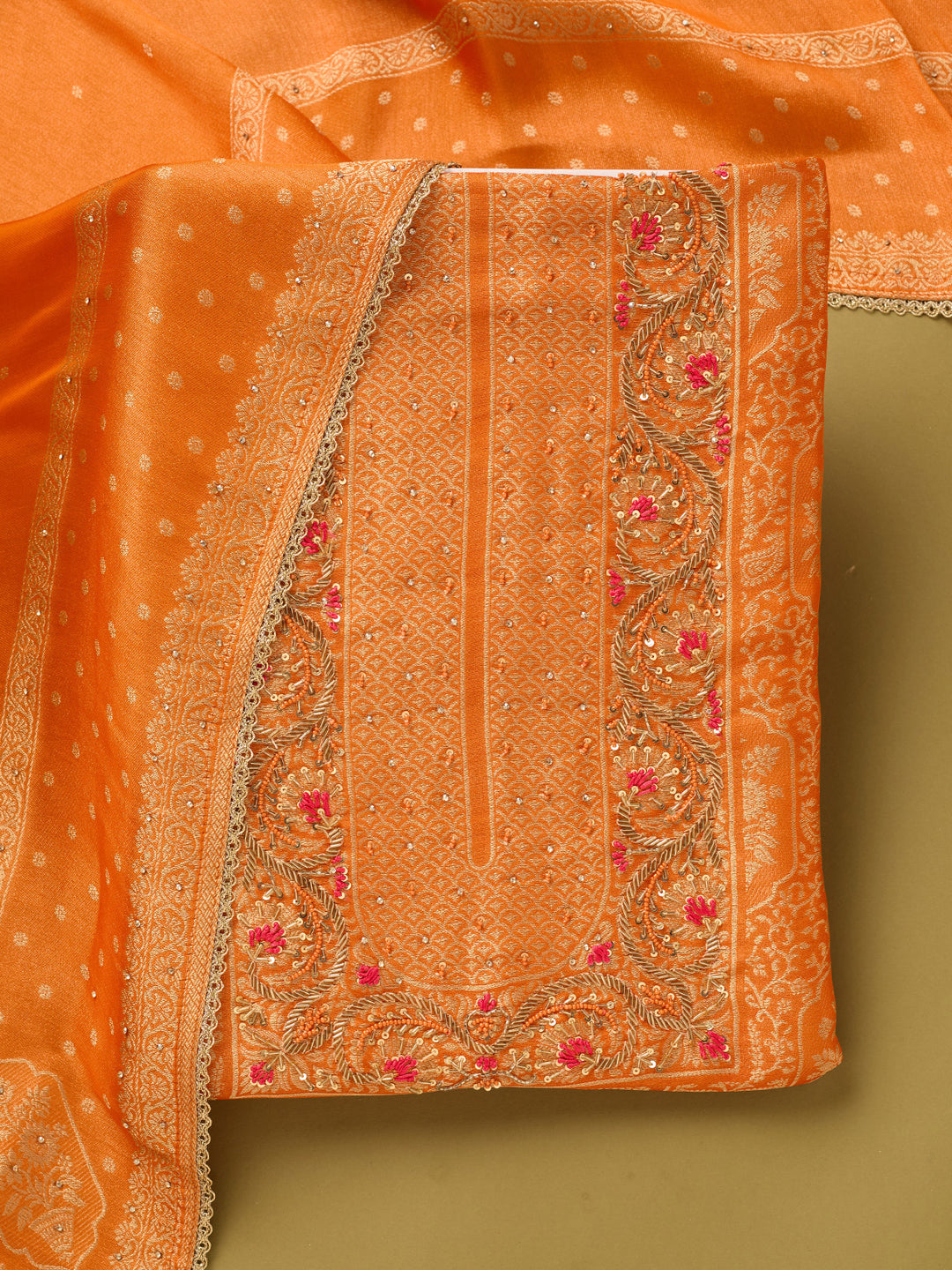 Orange Dola Silk Gold Zariwork Unstitched Dress Material With Matching Bottom And Dupatta