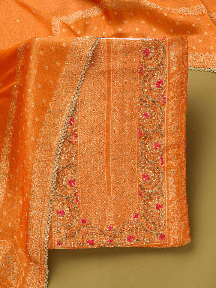 Orange Dola Silk Gold Zariwork Unstitched Dress Material With Matching Bottom And Dupatta