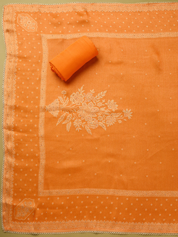 Orange Dola Silk Gold Zariwork Unstitched Dress Material With Matching Bottom And Dupatta