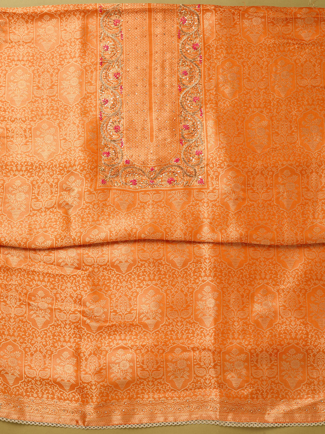 Orange Dola Silk Gold Zariwork Unstitched Dress Material With Matching Bottom And Dupatta