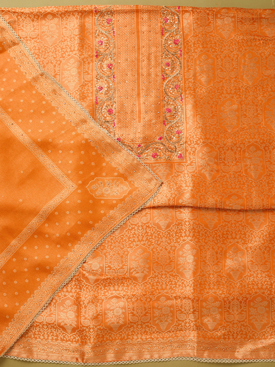 Orange Dola Silk Gold Zariwork Unstitched Dress Material With Matching Bottom And Dupatta