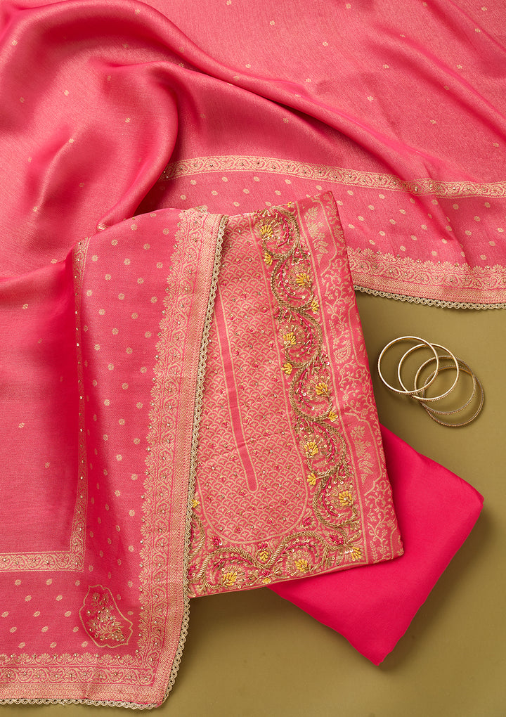 Rani Pink Dola Silk Gold Zariwork Unstitched Dress Material With Matching Bottom And Dupatta