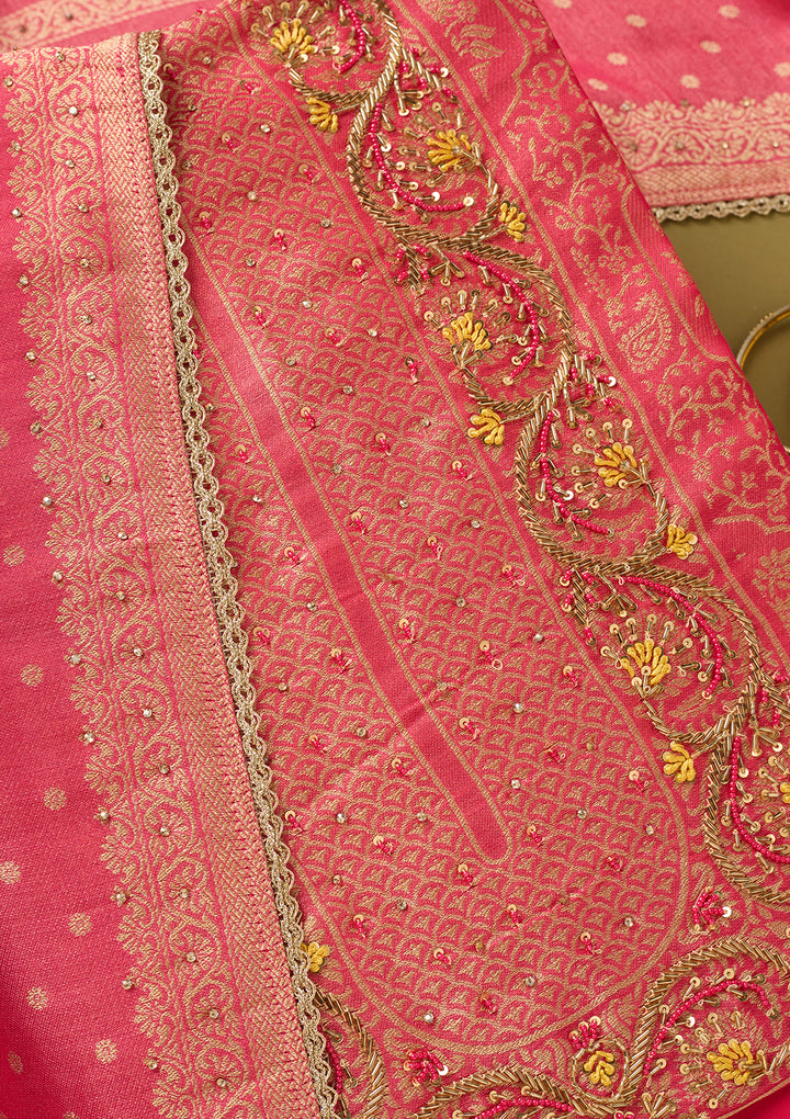 Rani Pink Dola Silk Gold Zariwork Unstitched Dress Material With Matching Bottom And Dupatta