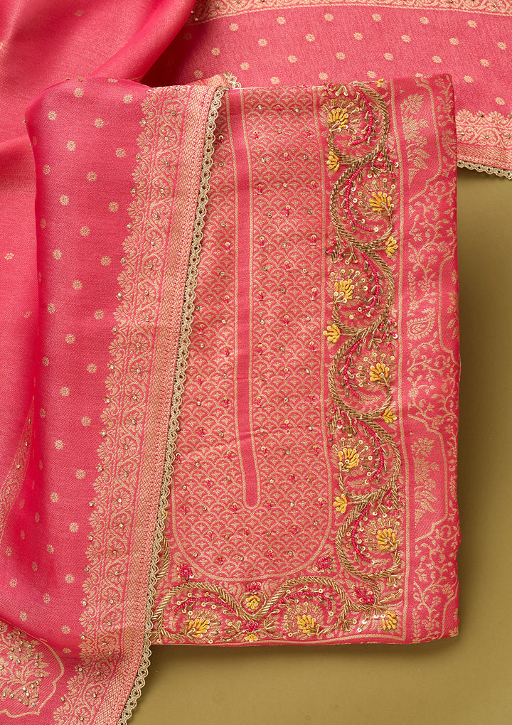 Rani Pink Dola Silk Gold Zariwork Unstitched Dress Material With Matching Bottom And Dupatta