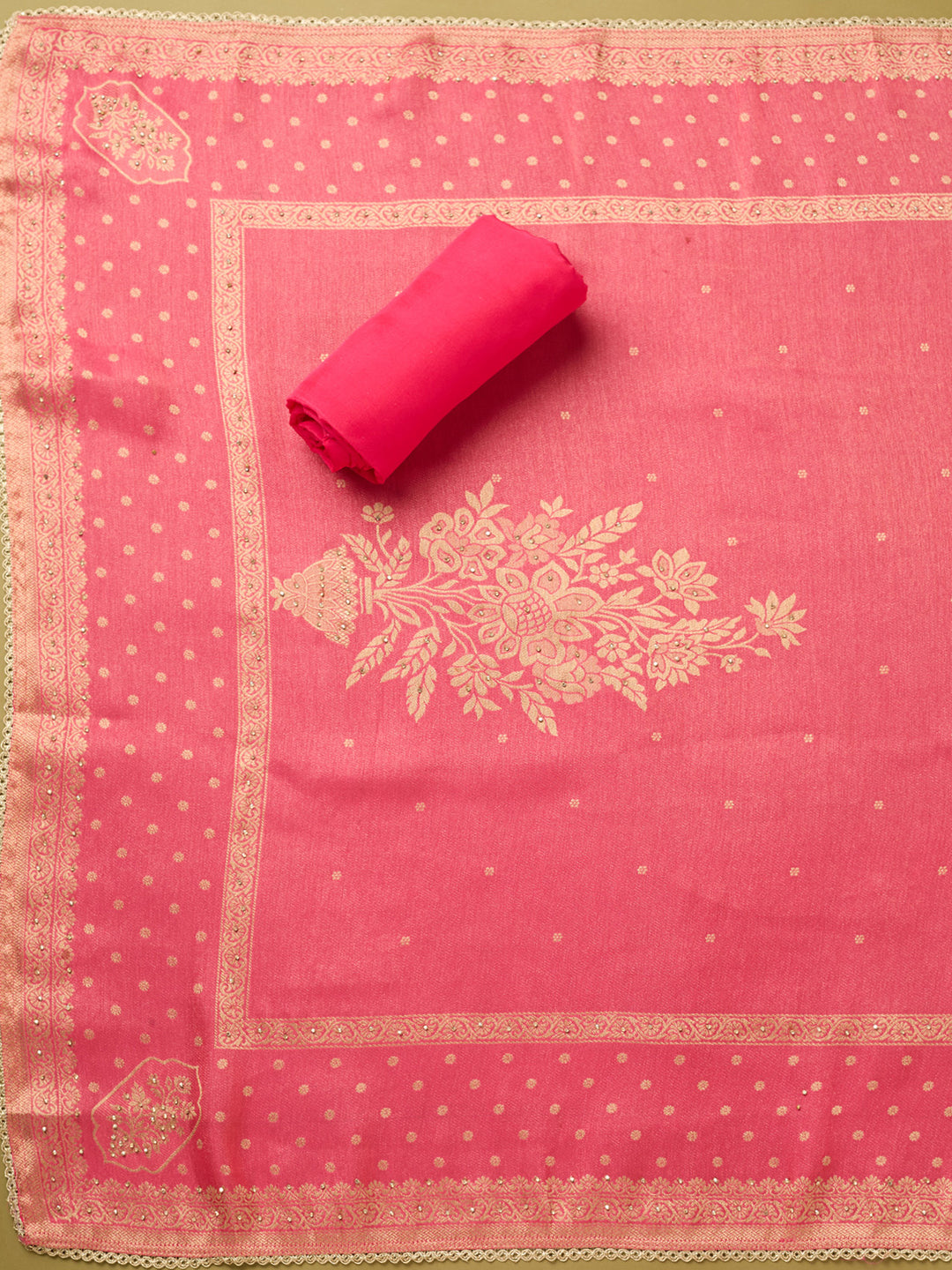 Rani Pink Dola Silk Gold Zariwork Unstitched Dress Material With Matching Bottom And Dupatta