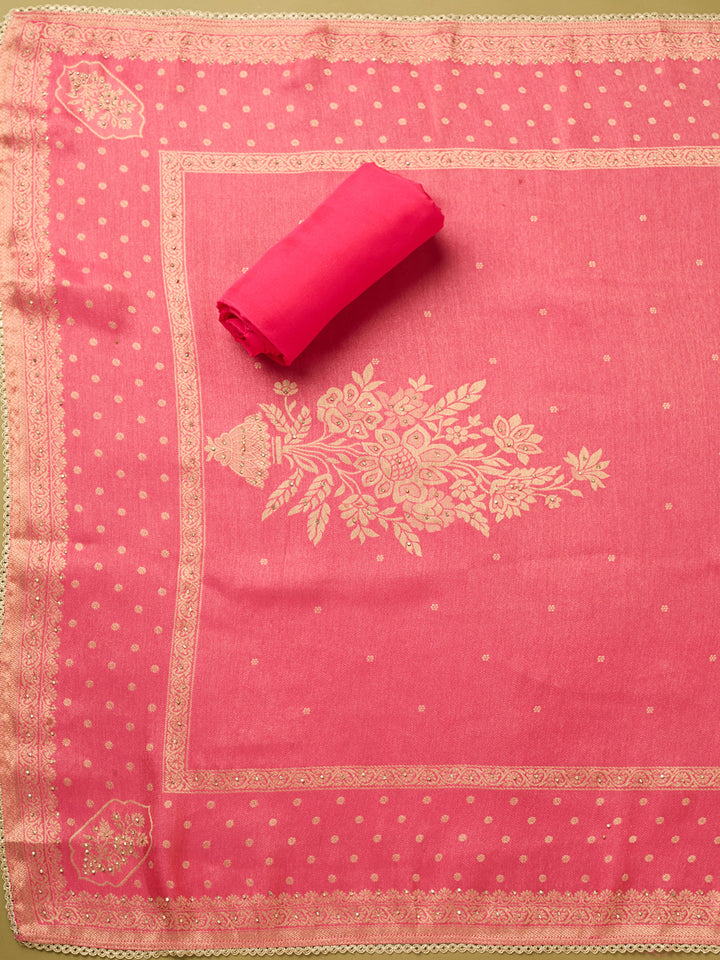 Rani Pink Dola Silk Gold Zariwork Unstitched Dress Material With Matching Bottom And Dupatta