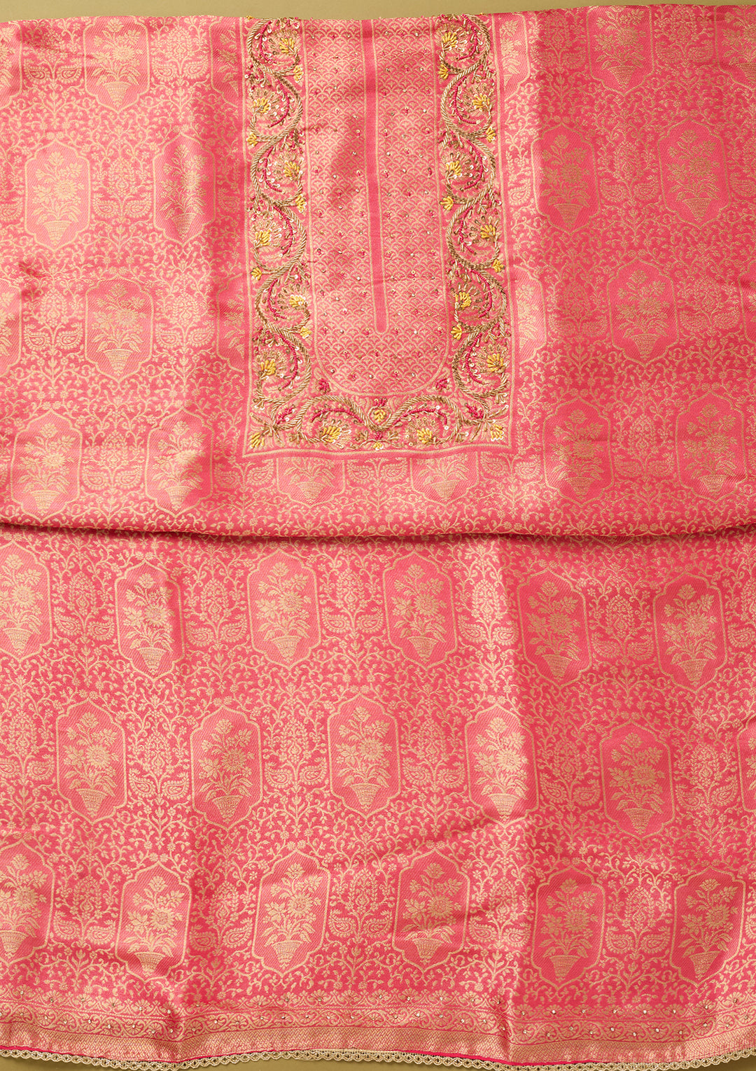 Rani Pink Dola Silk Gold Zariwork Unstitched Dress Material With Matching Bottom And Dupatta