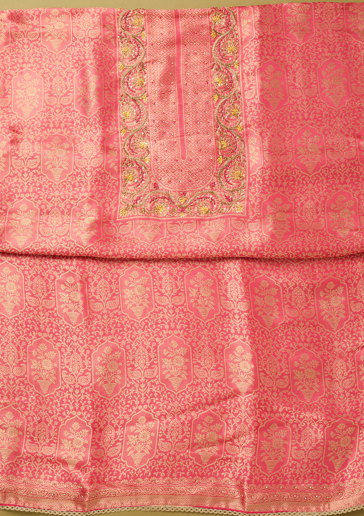 Rani Pink Dola Silk Gold Zariwork Unstitched Dress Material With Matching Bottom And Dupatta