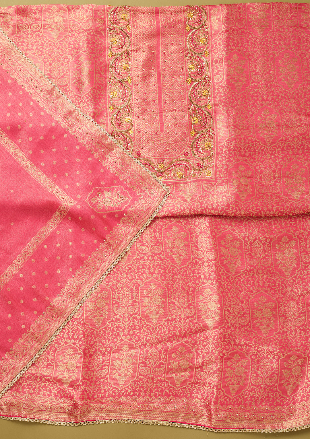 Rani Pink Dola Silk Gold Zariwork Unstitched Dress Material With Matching Bottom And Dupatta