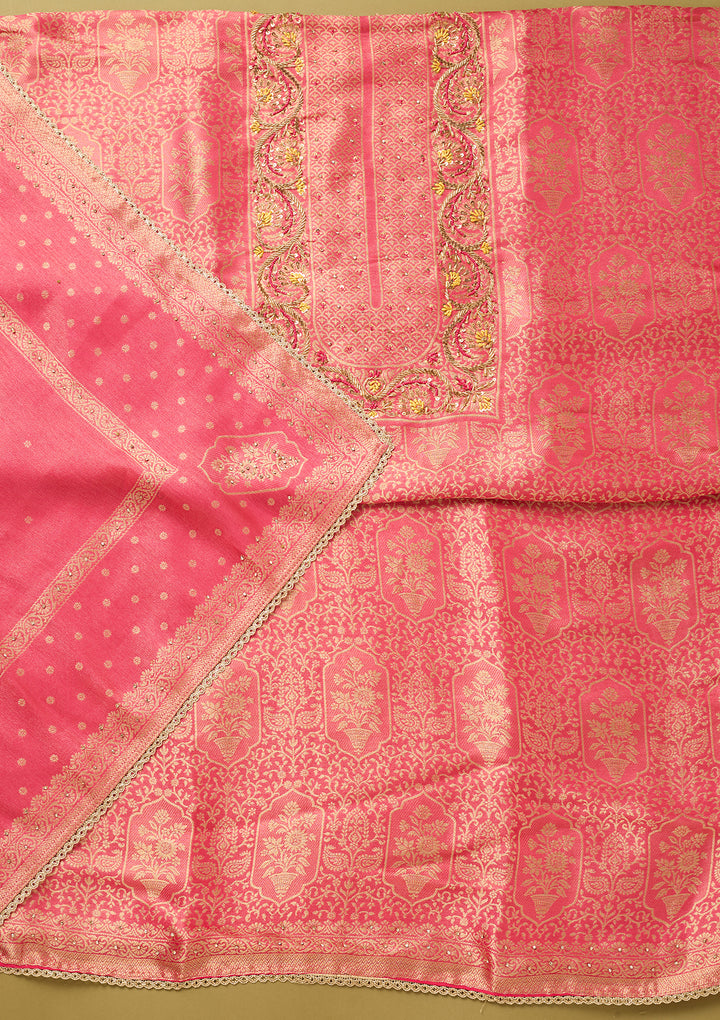 Rani Pink Dola Silk Gold Zariwork Unstitched Dress Material With Matching Bottom And Dupatta