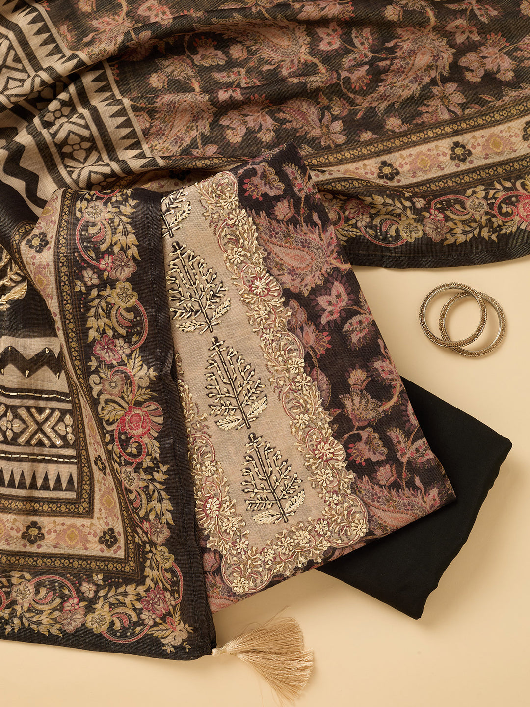 Black Cotton Threadwork Unstitched Dress Material With Matching Bottom And Dupatta