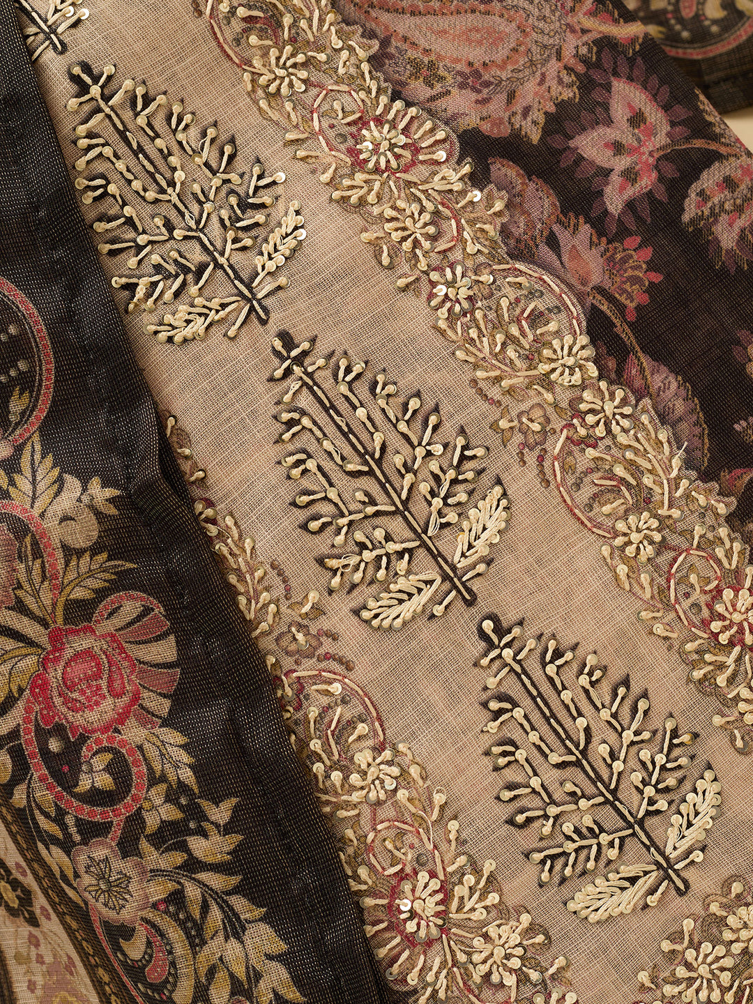 Black Cotton Threadwork Unstitched Dress Material With Matching Bottom And Dupatta