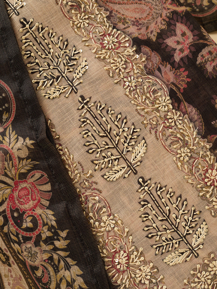 Black Cotton Threadwork Unstitched Dress Material With Matching Bottom And Dupatta