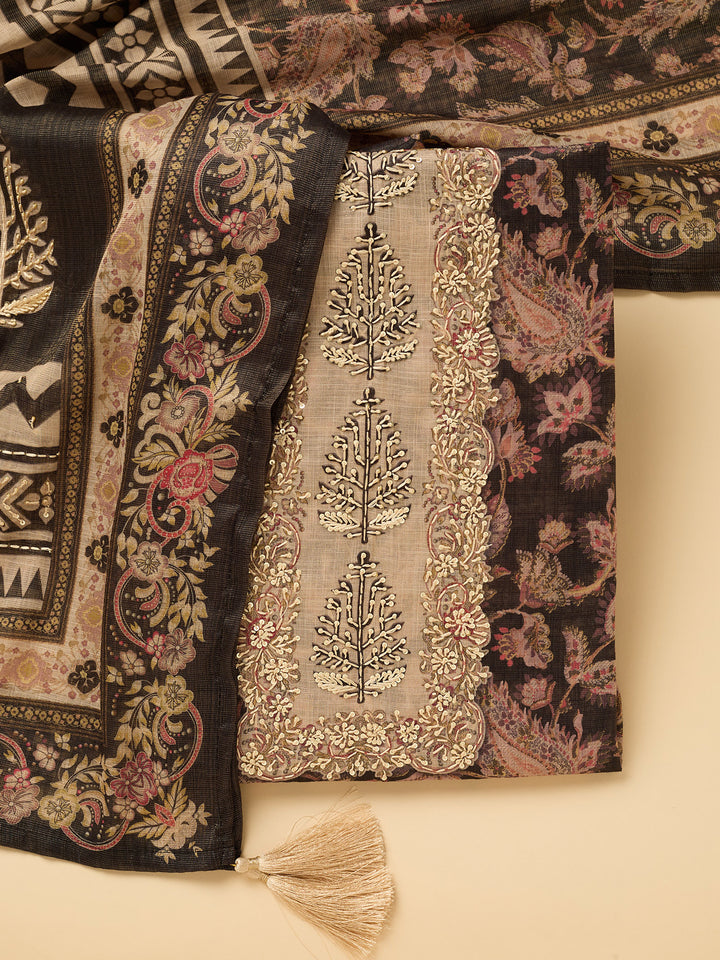 Black Cotton Threadwork Unstitched Dress Material With Matching Bottom And Dupatta