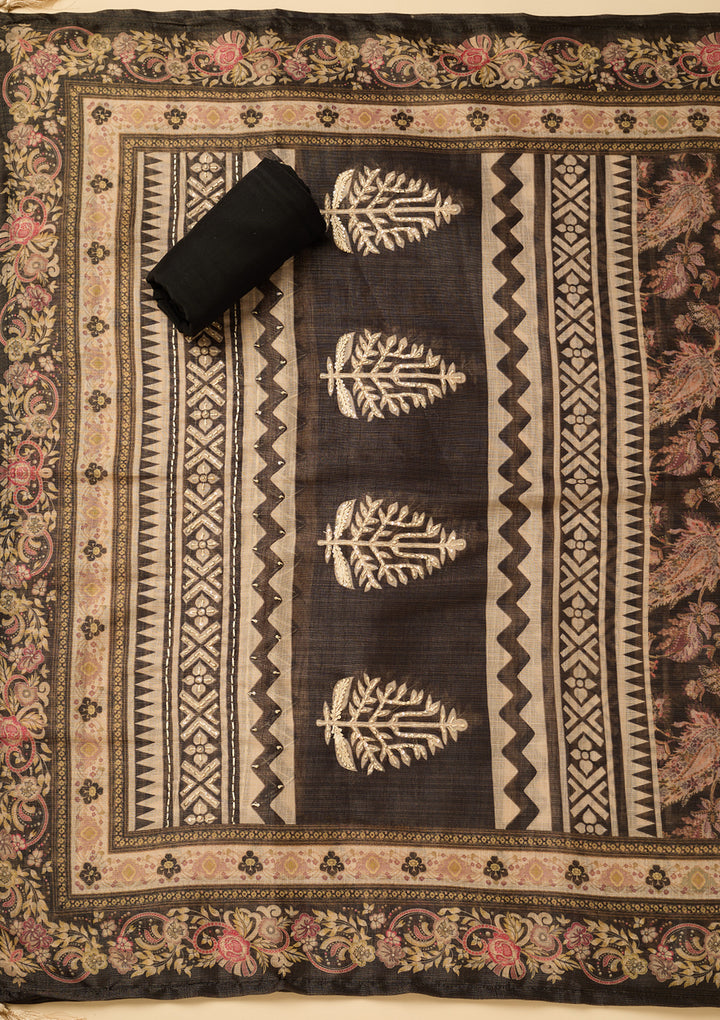 Black Cotton Threadwork Unstitched Dress Material With Matching Bottom And Dupatta