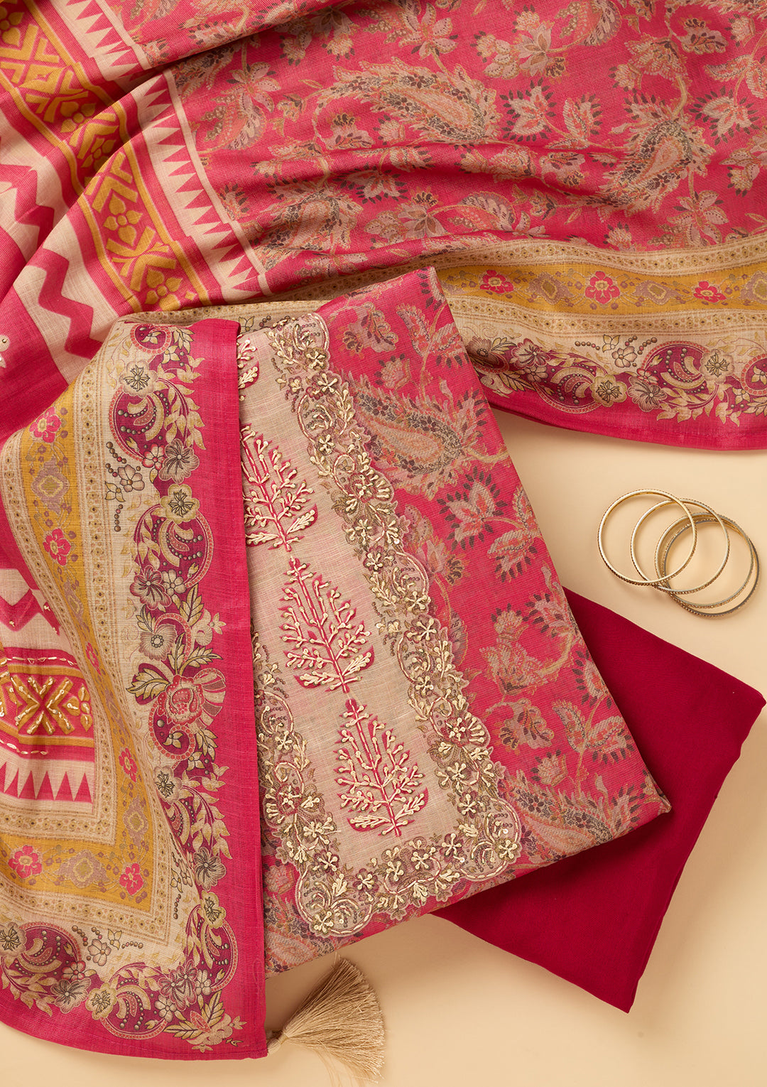 Pink Cotton Threadwork Unstitched Dress Material With Matching Bottom And Dupatta