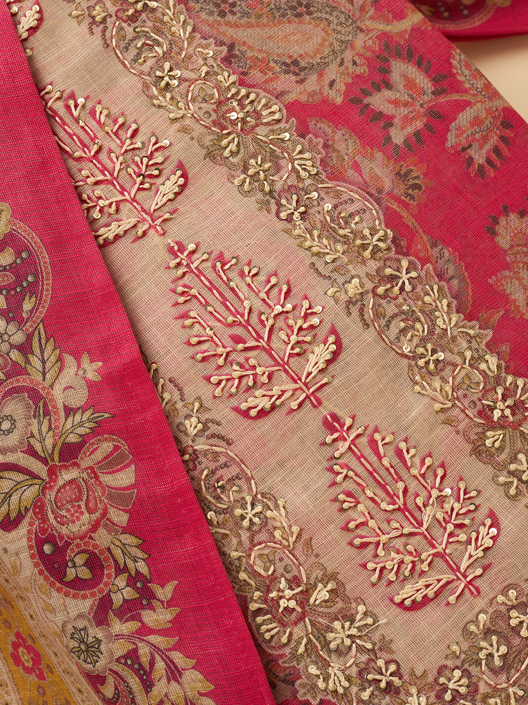 Pink Cotton Threadwork Unstitched Dress Material With Matching Bottom And Dupatta