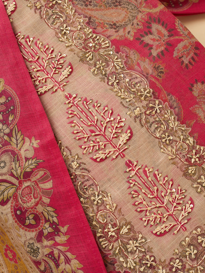 Pink Cotton Threadwork Unstitched Dress Material With Matching Bottom And Dupatta