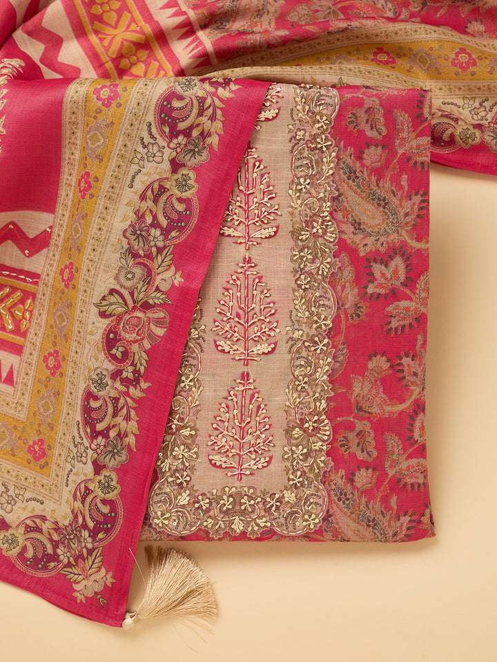 Pink Cotton Threadwork Unstitched Dress Material With Matching Bottom And Dupatta
