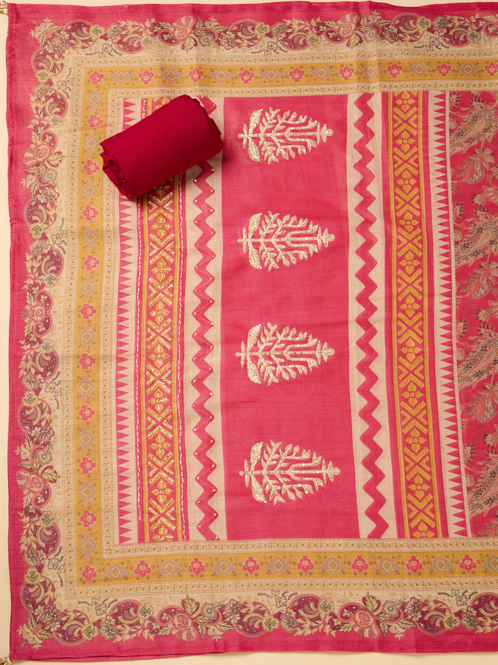 Pink Cotton Threadwork Unstitched Dress Material With Matching Bottom And Dupatta
