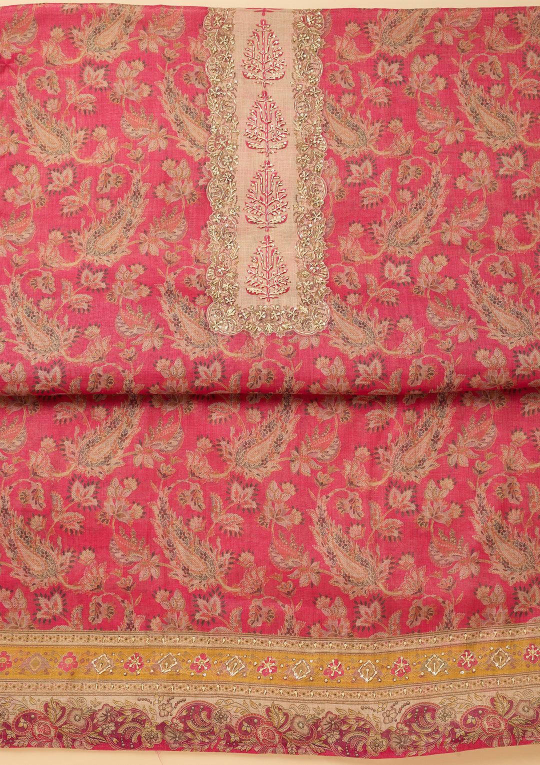 Pink Cotton Threadwork Unstitched Dress Material With Matching Bottom And Dupatta