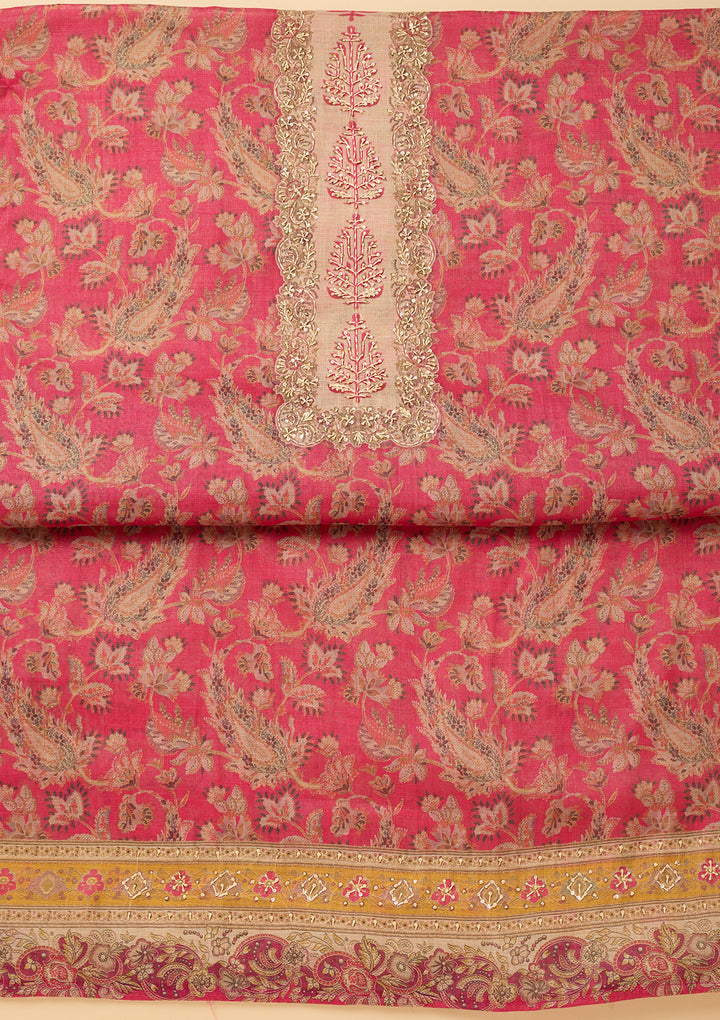Pink Cotton Threadwork Unstitched Dress Material With Matching Bottom And Dupatta
