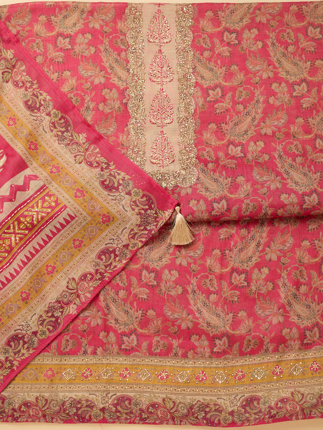 Pink Cotton Threadwork Unstitched Dress Material With Matching Bottom And Dupatta